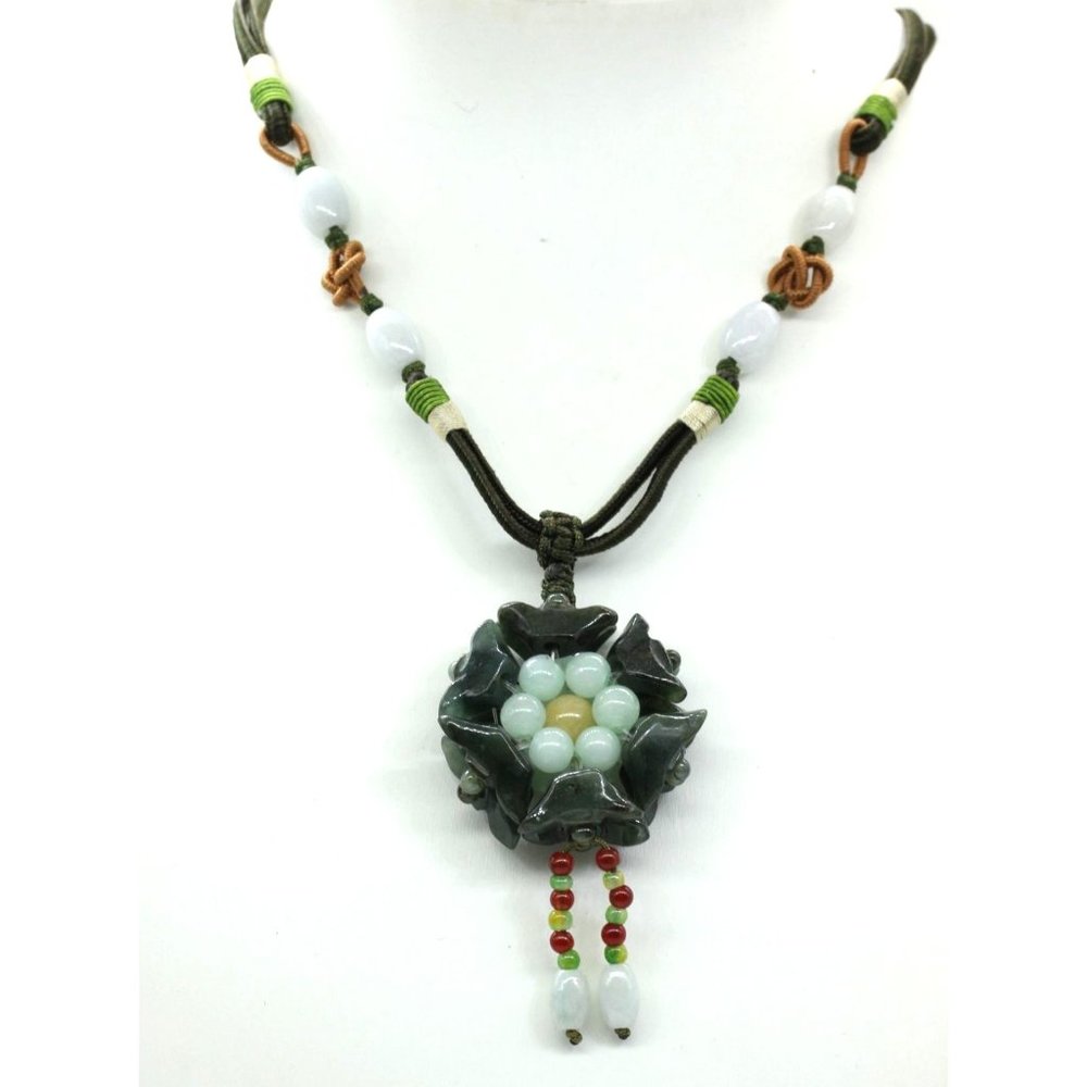 CHINESE/ASIAN birds/nest/eggs jade jadite necklace silk cord 2 side handmade 27"